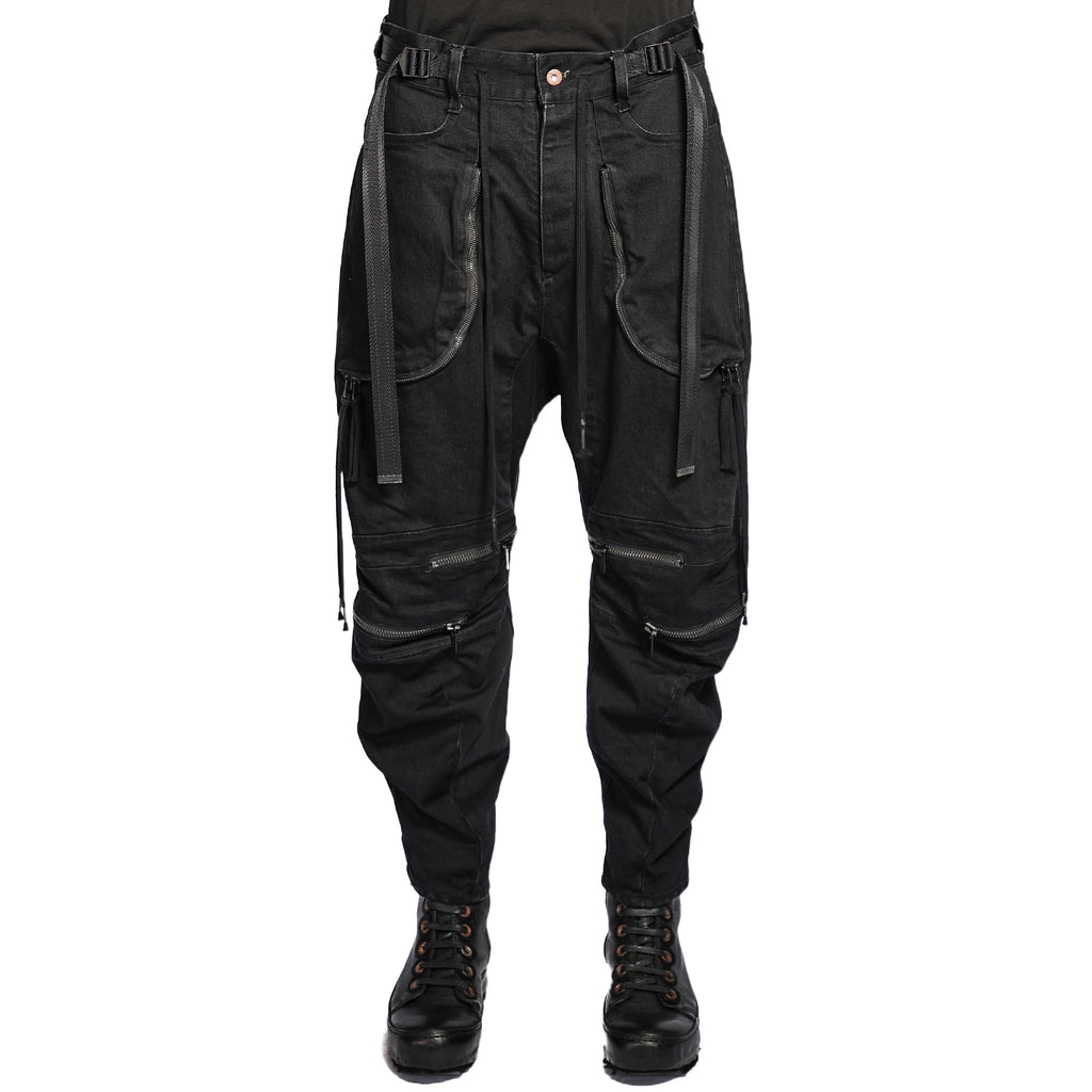 STRETCH DENIM KNEE CUT-OUT CROPPED TROUSER