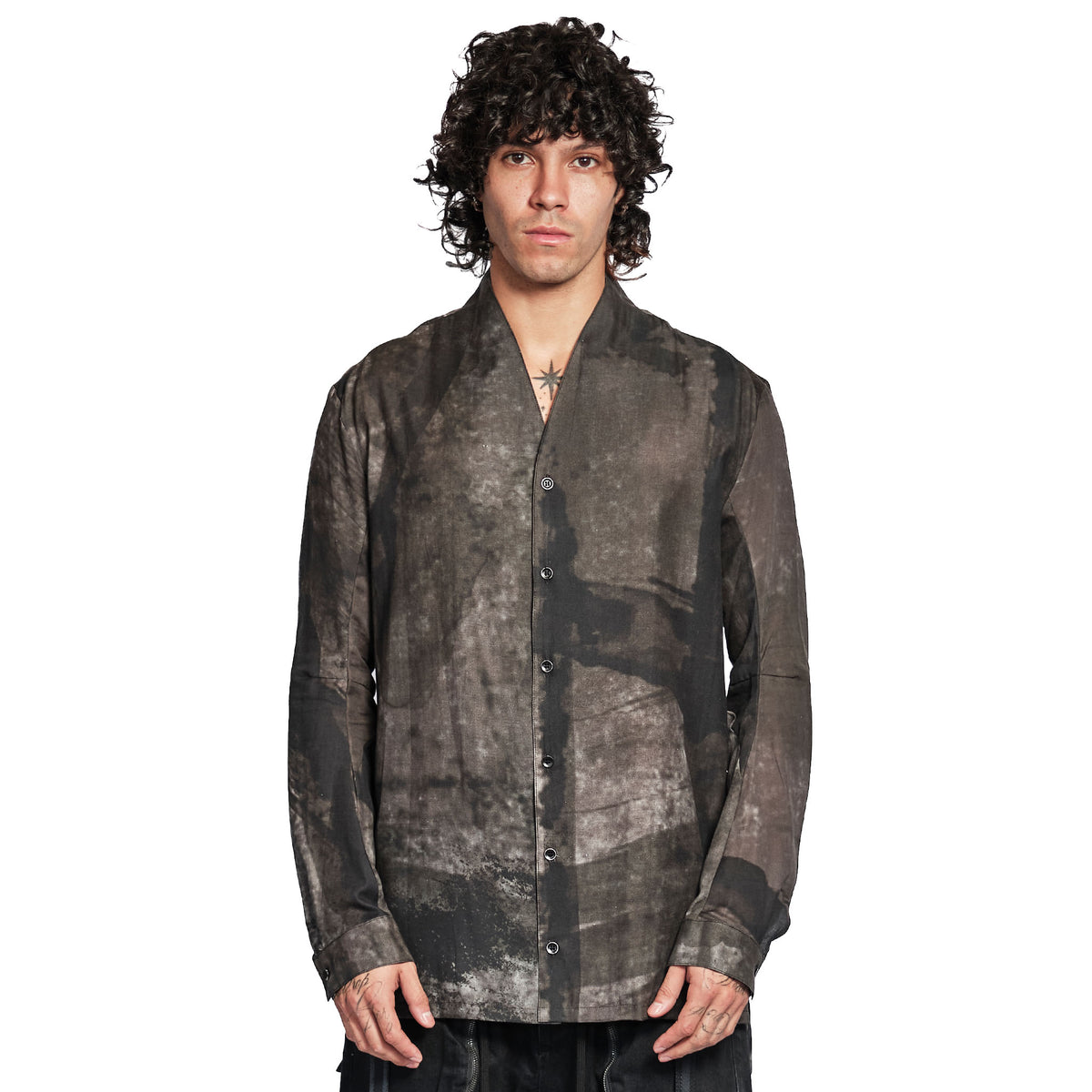 PRINTED SHAWL COLLAR SHIRT