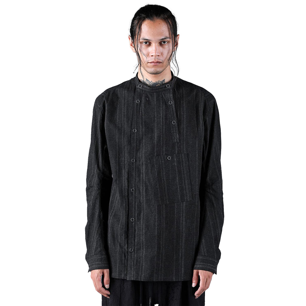 SUMI INK COATED STRIPED BAND COLLAR SHIRT