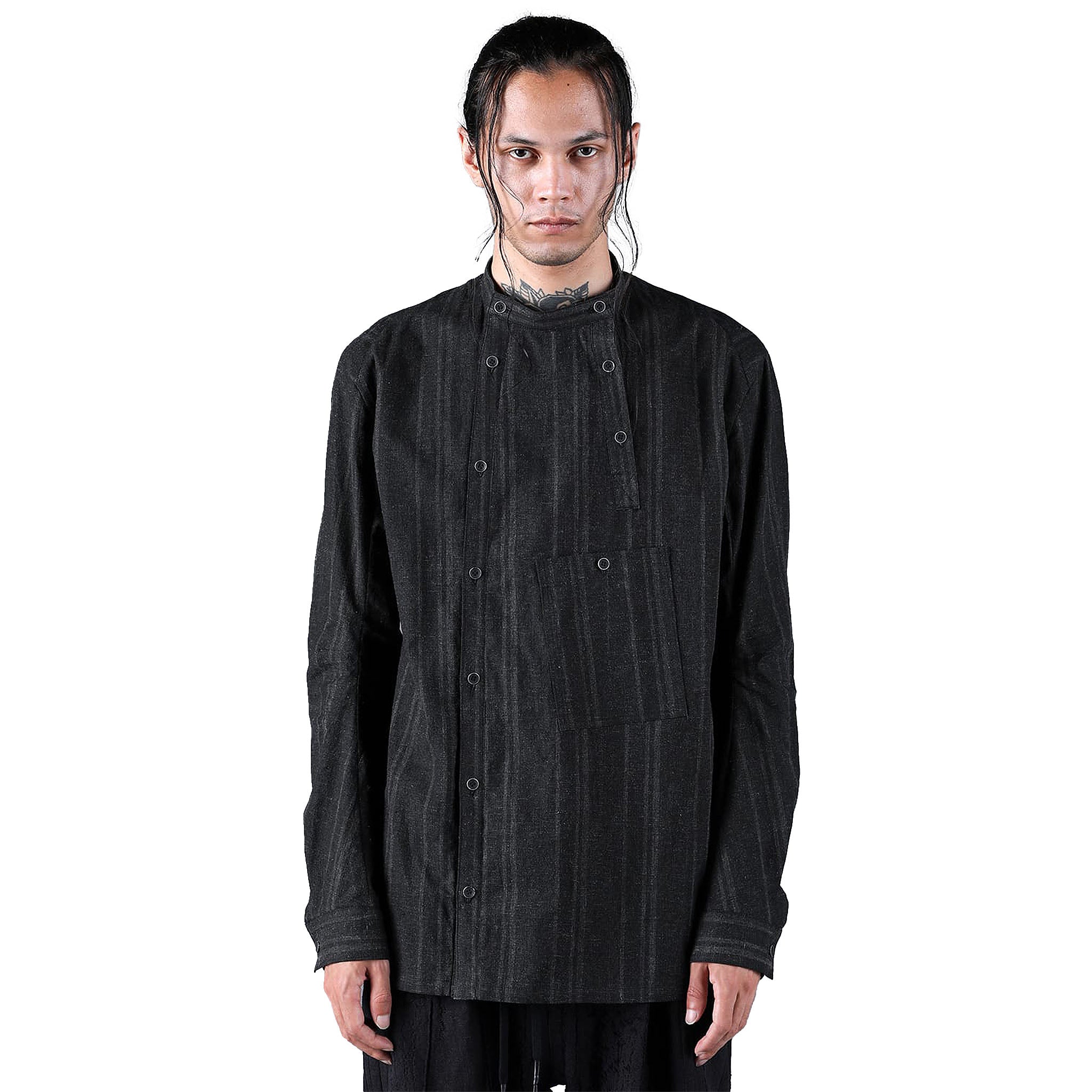 SUMI INK COATED STRIPED BAND COLLAR SHIRT