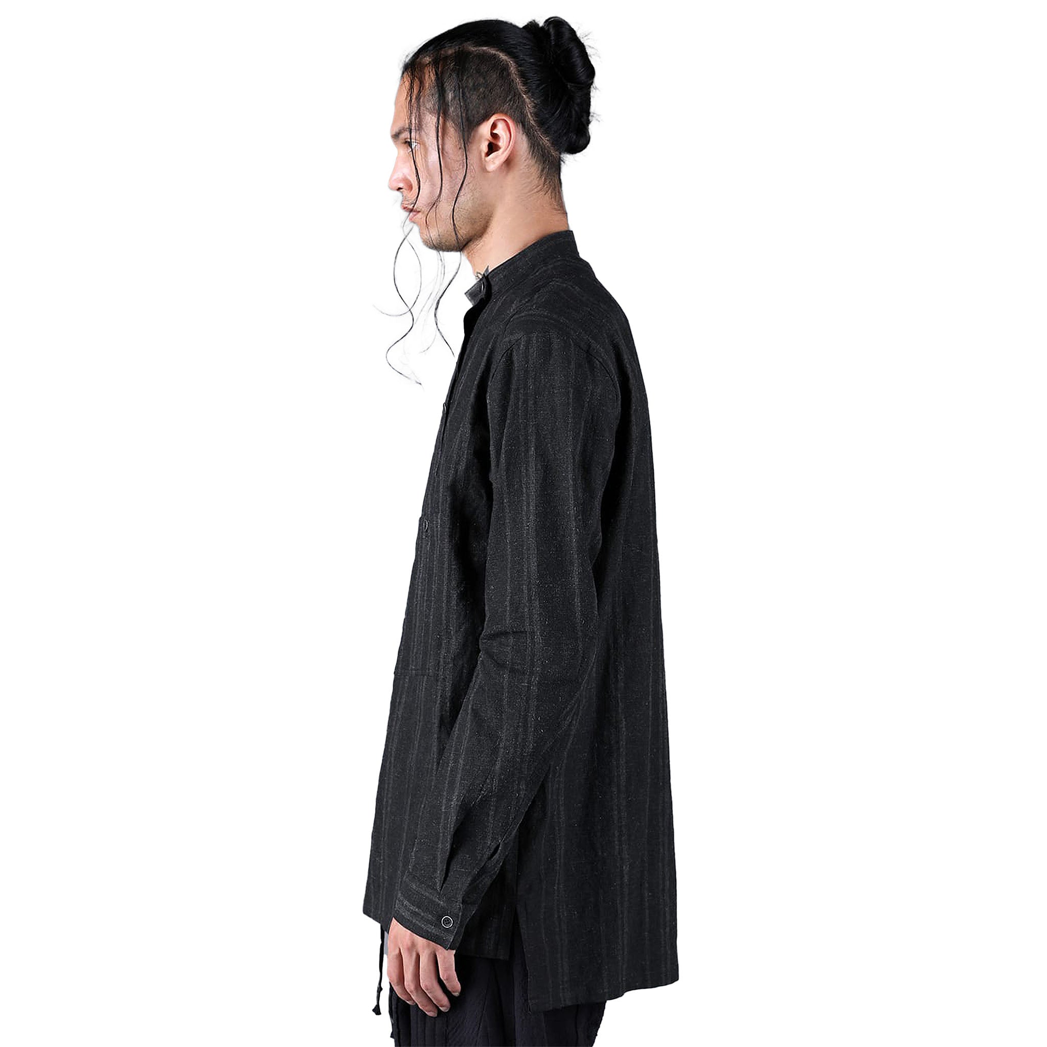 SUMI INK COATED STRIPED BAND COLLAR SHIRT