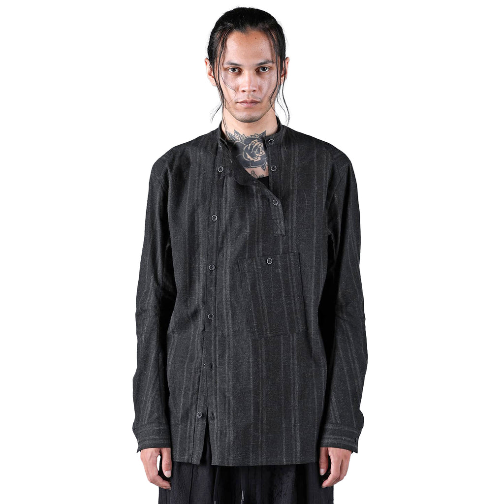 SUMI INK COATED STRIPED BAND COLLAR SHIRT