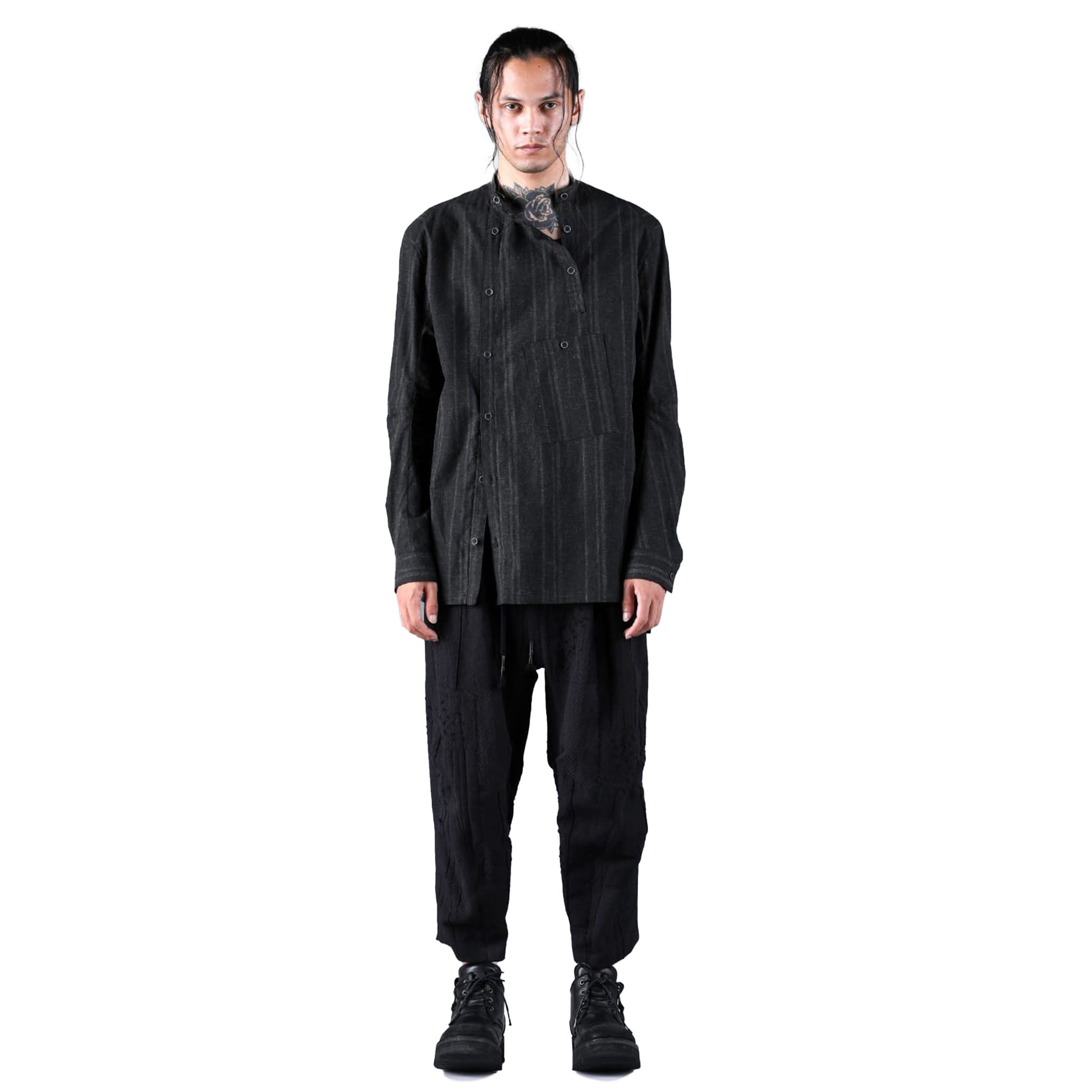 SUMI INK COATED STRIPED BAND COLLAR SHIRT