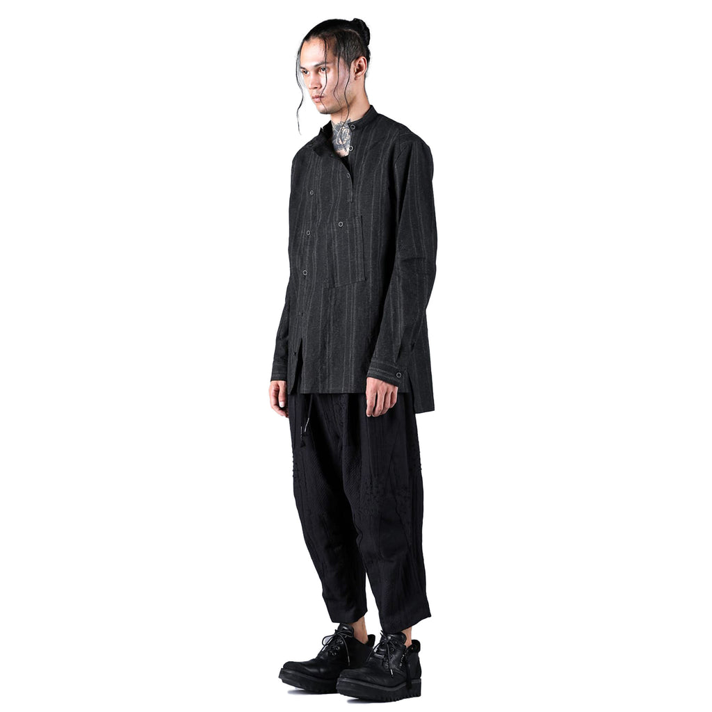 SUMI INK COATED STRIPED BAND COLLAR SHIRT