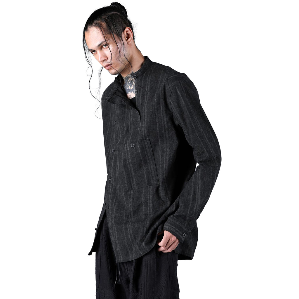 SUMI INK COATED STRIPED BAND COLLAR SHIRT
