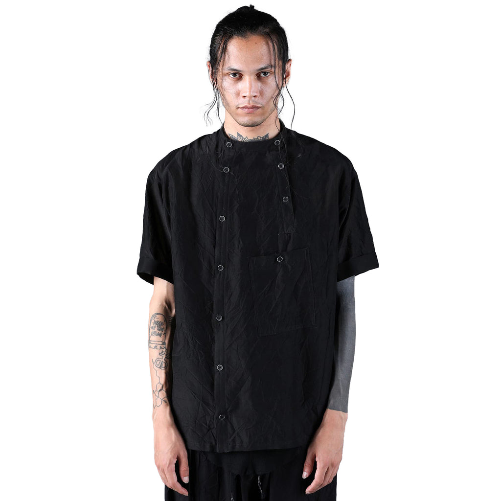SILK/COTTON WASHER BAND COLLAR SS SHIRT