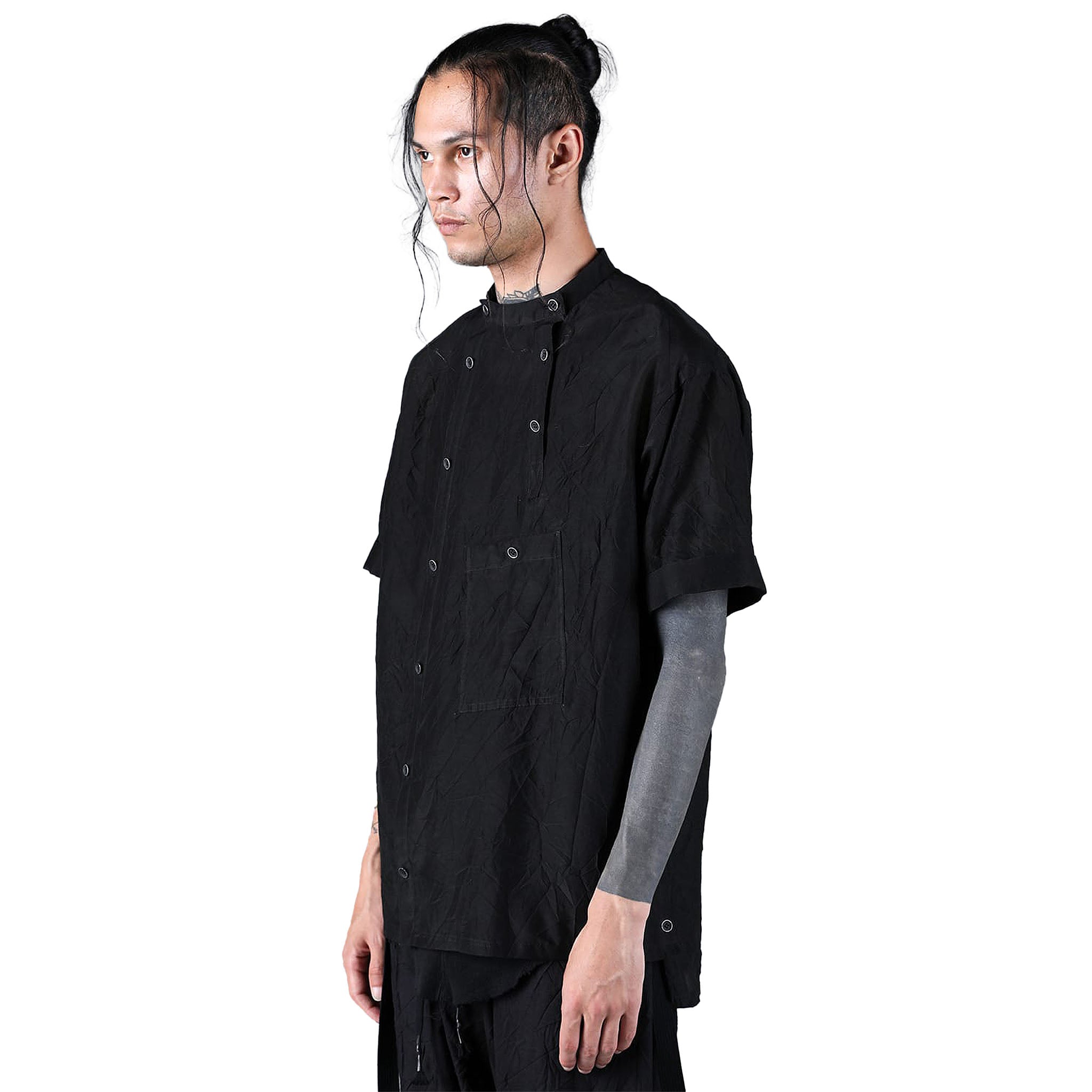 SILK/COTTON WASHER BAND COLLAR SS SHIRT