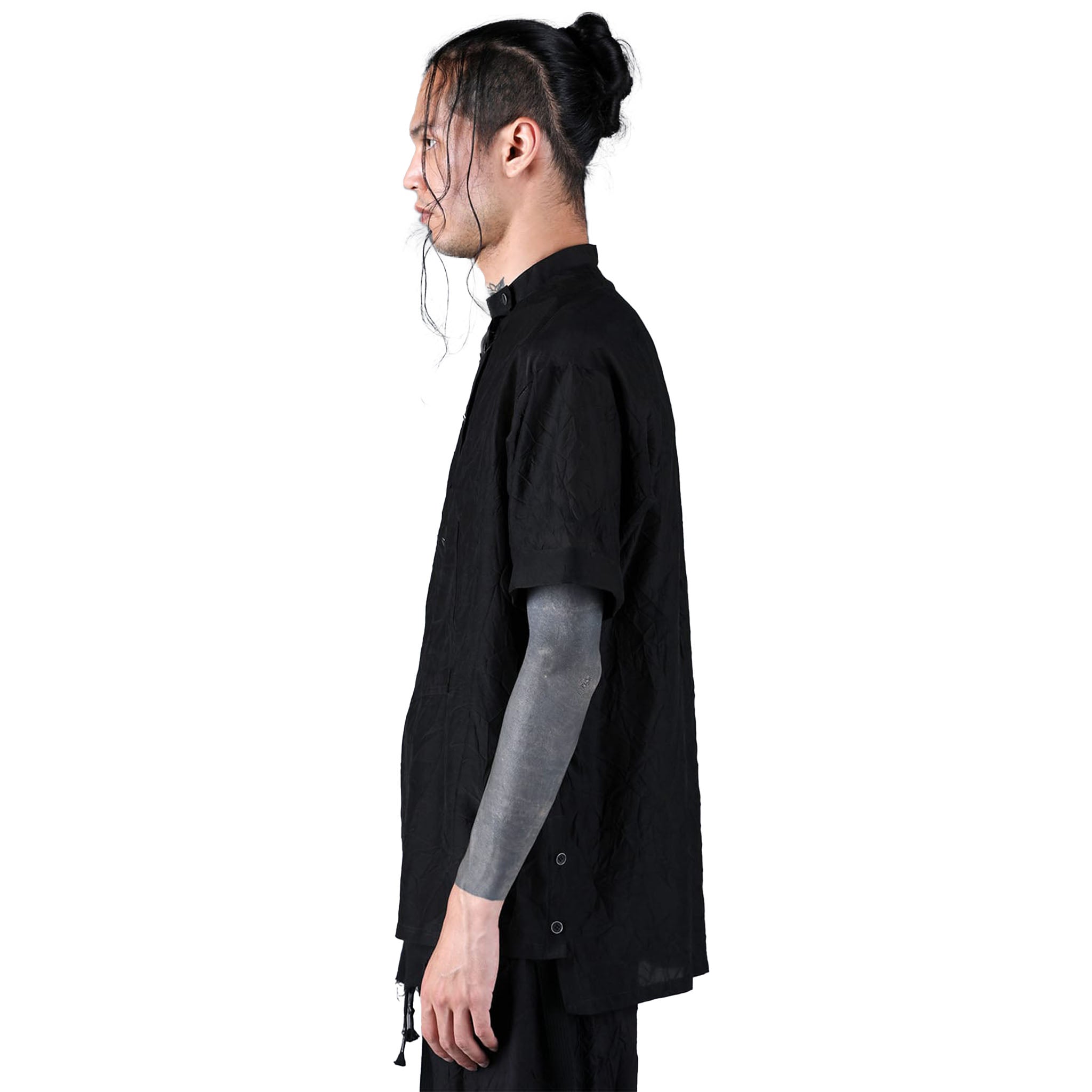 SILK/COTTON WASHER BAND COLLAR SS SHIRT