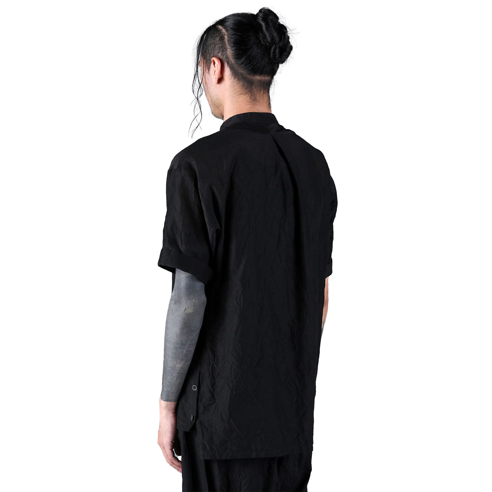 SILK/COTTON WASHER BAND COLLAR SS SHIRT