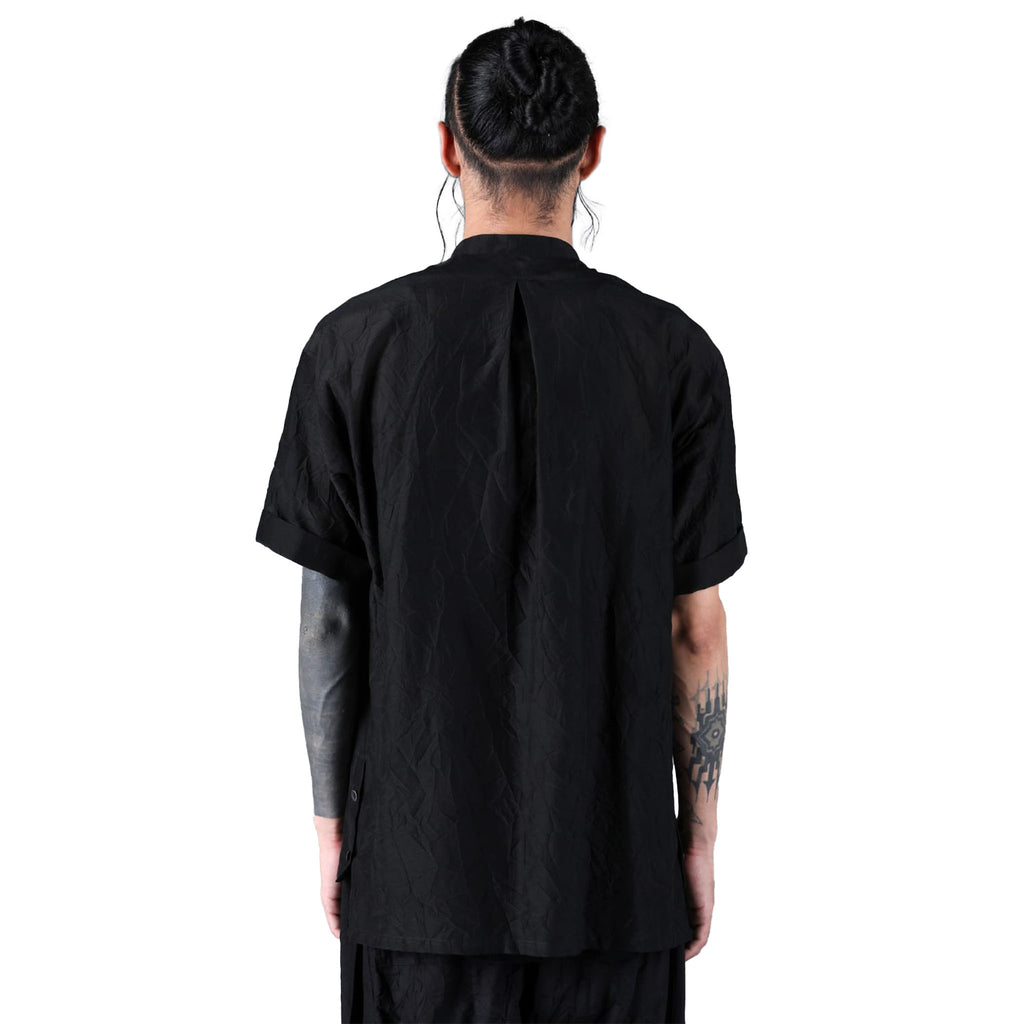 SILK/COTTON WASHER BAND COLLAR SS SHIRT