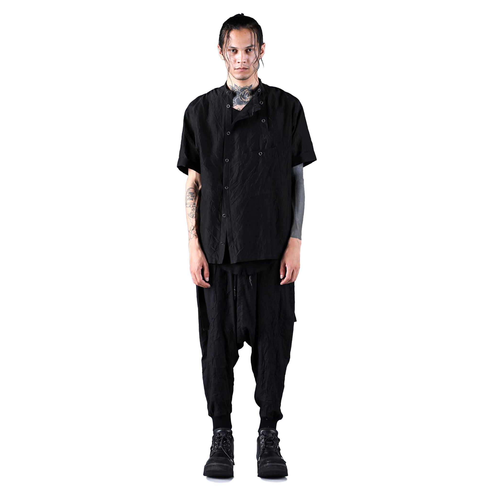 SILK/COTTON WASHER BAND COLLAR SS SHIRT