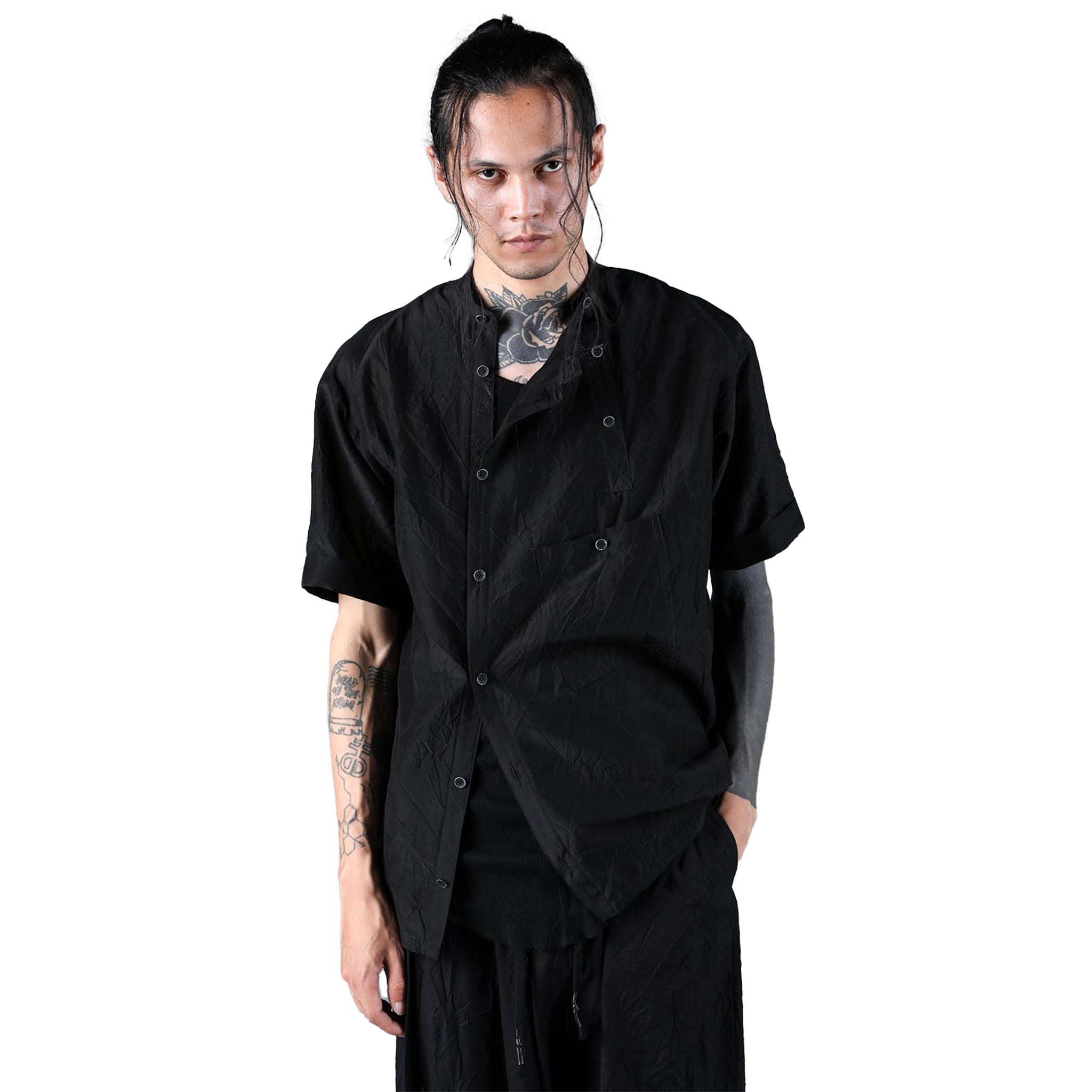 SILK/COTTON WASHER BAND COLLAR SS SHIRT