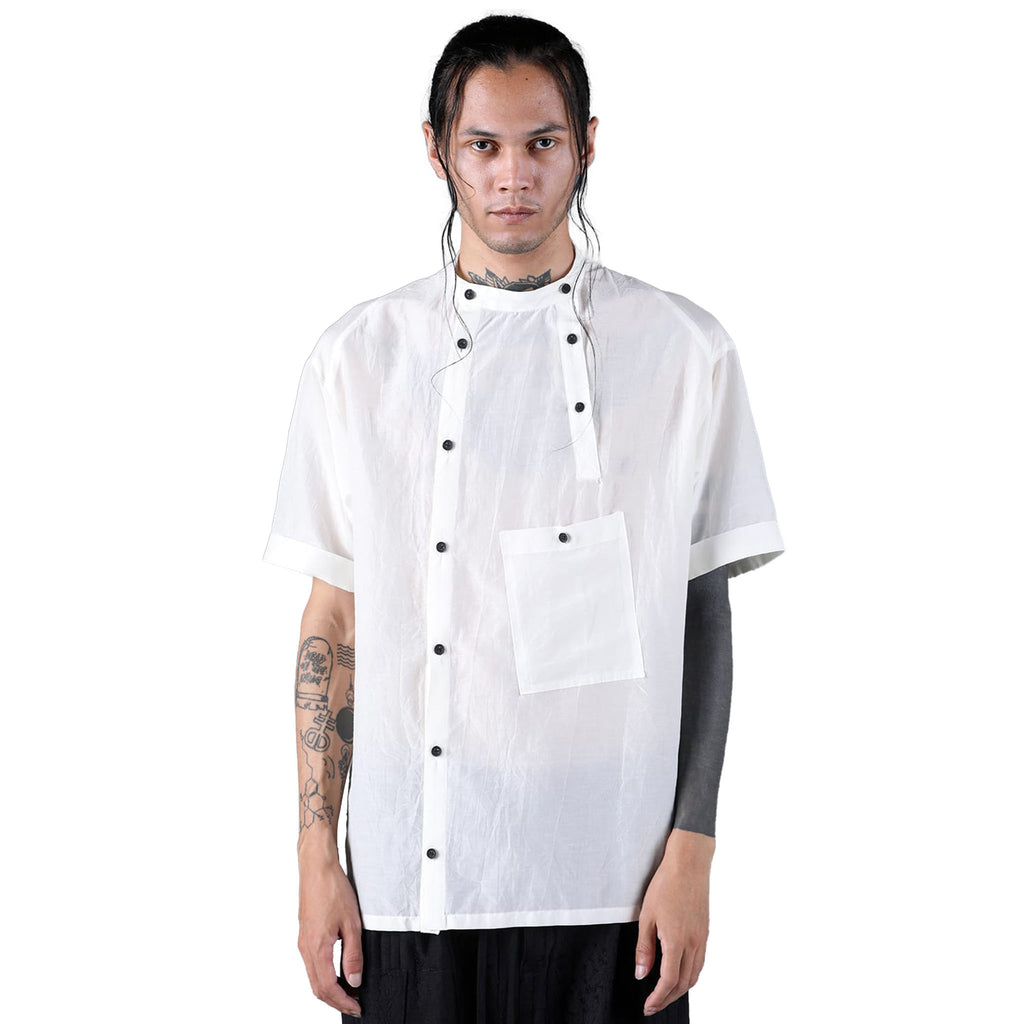 SILK/COTTON WASHER BAND COLLAR SS SHIRT