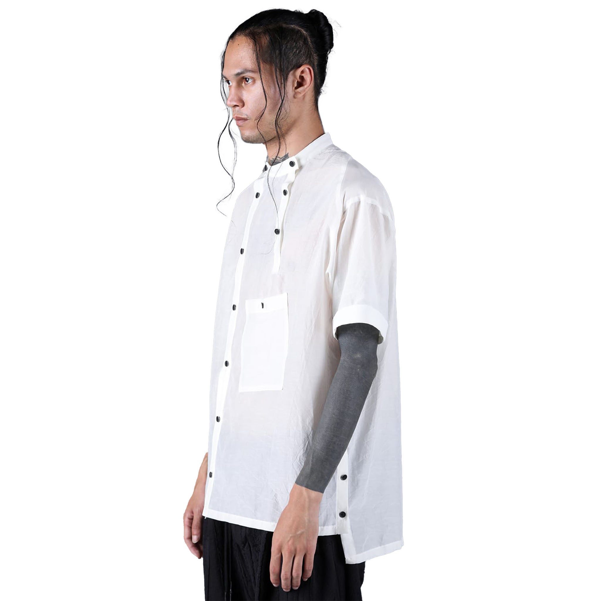 SILK/COTTON WASHER BAND COLLAR SS SHIRT