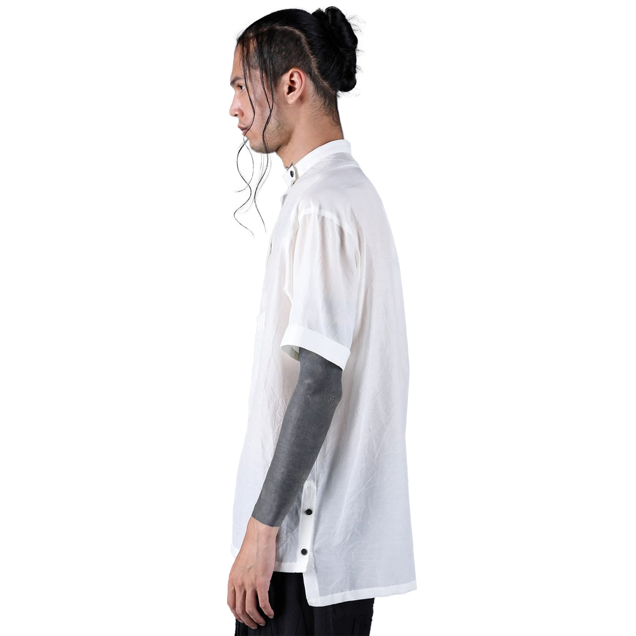 SILK/COTTON WASHER BAND COLLAR SS SHIRT