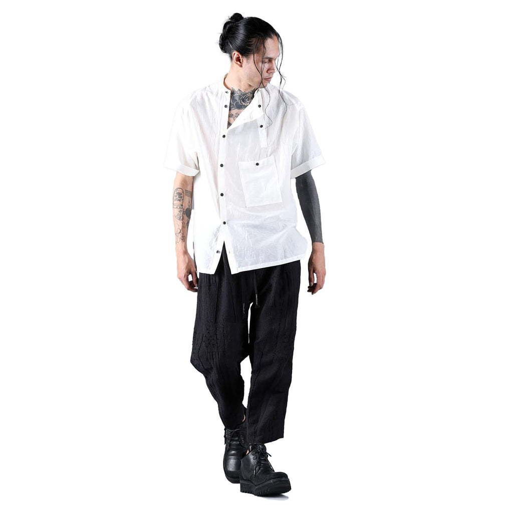 SILK/COTTON WASHER BAND COLLAR SS SHIRT