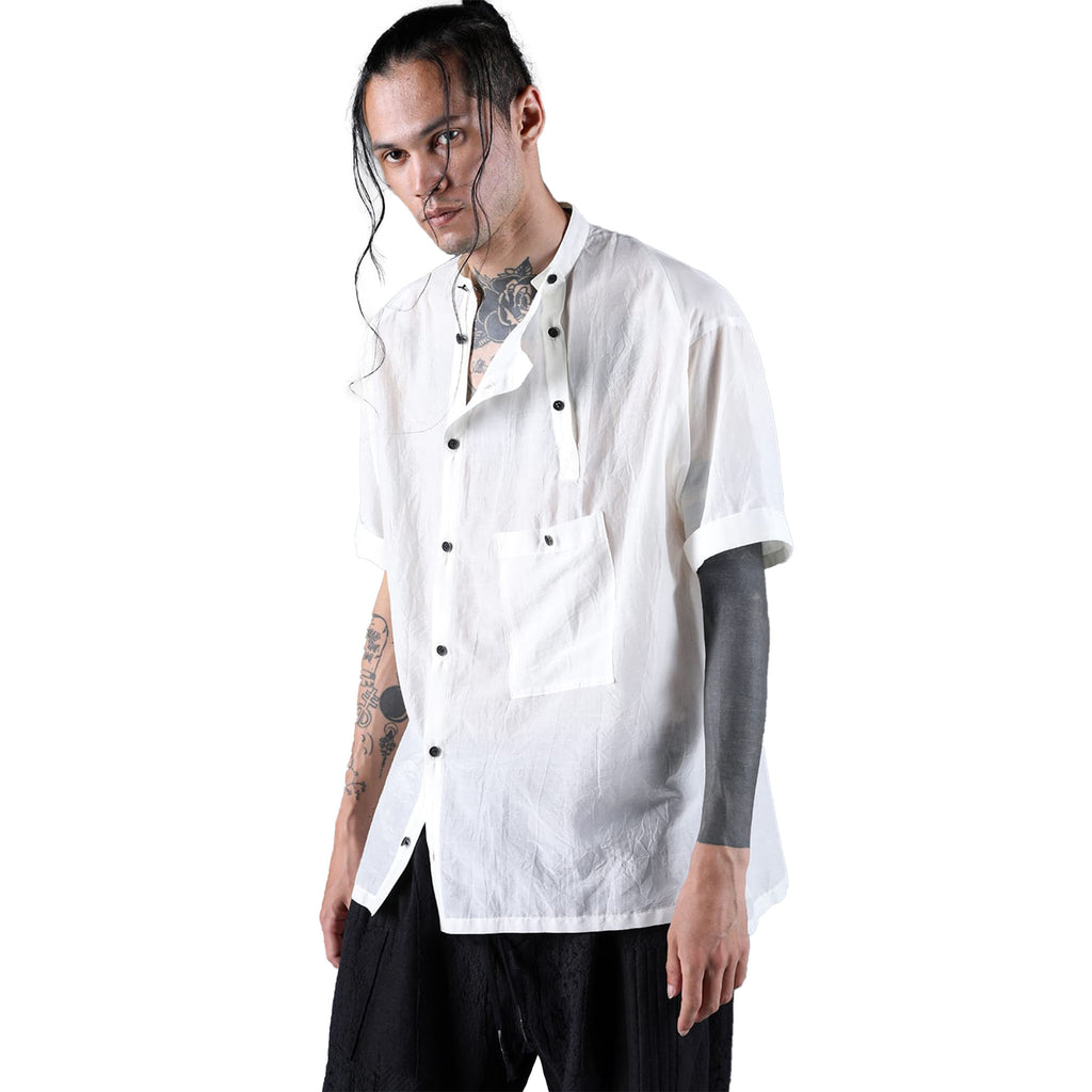 SILK/COTTON WASHER BAND COLLAR SS SHIRT