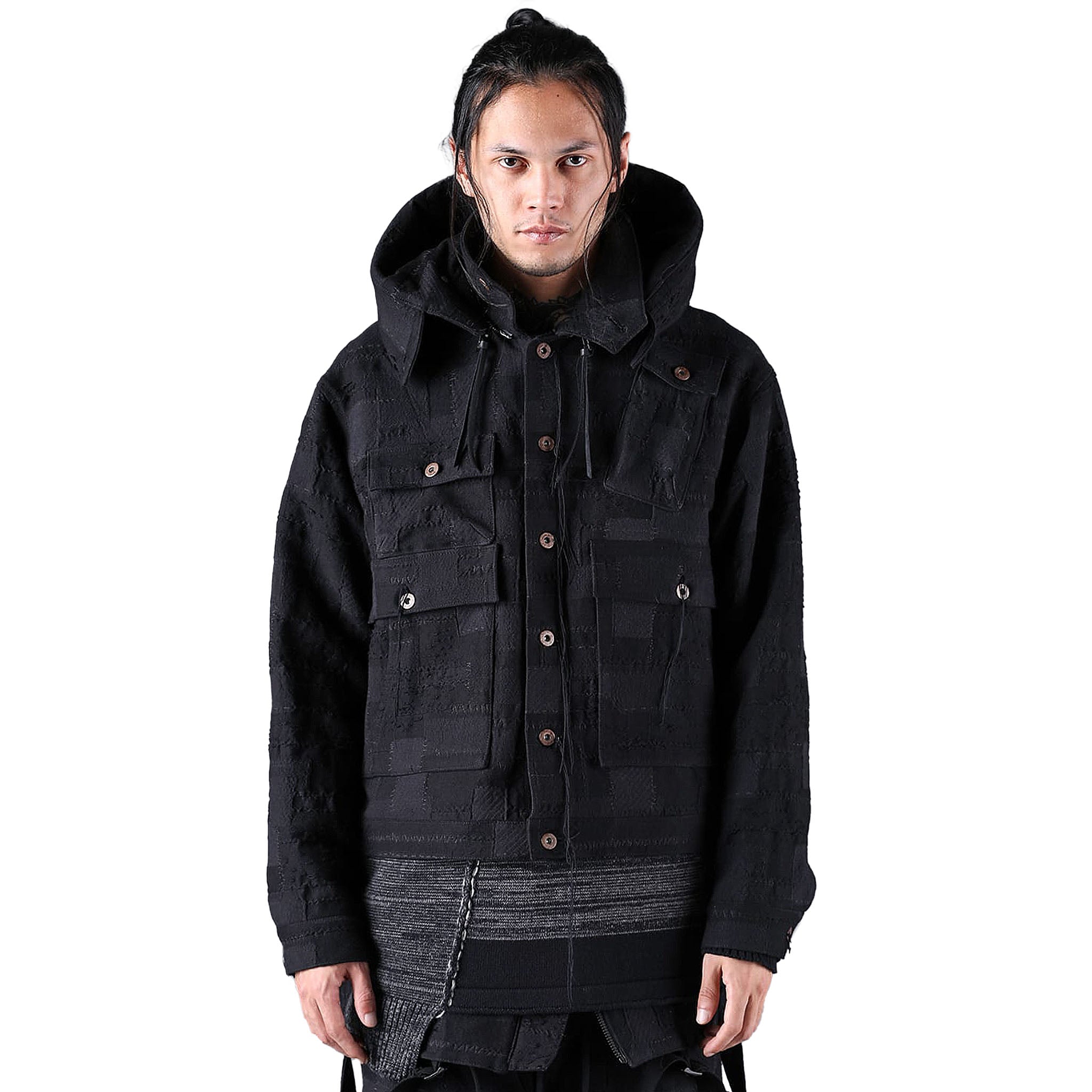 CRUST PATCHWORK JACQUARD HOOD-ATTACHED JACKET