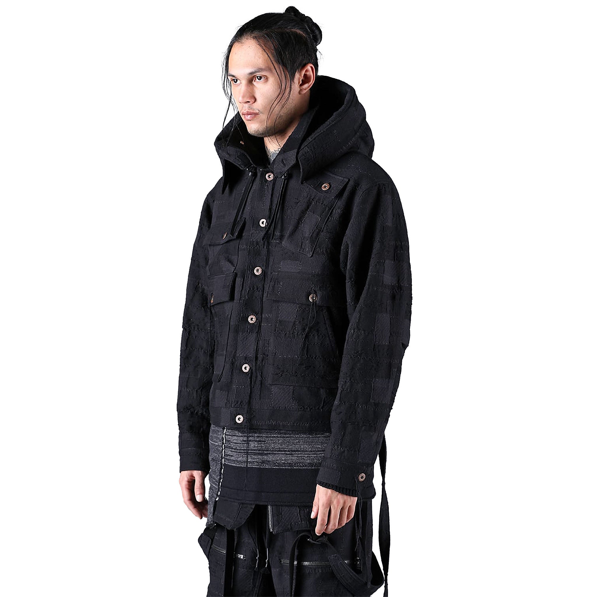 CRUST PATCHWORK JACQUARD HOOD-ATTACHED JACKET